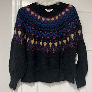 Time and Tru Black Sweater with Multicolor Pattern
